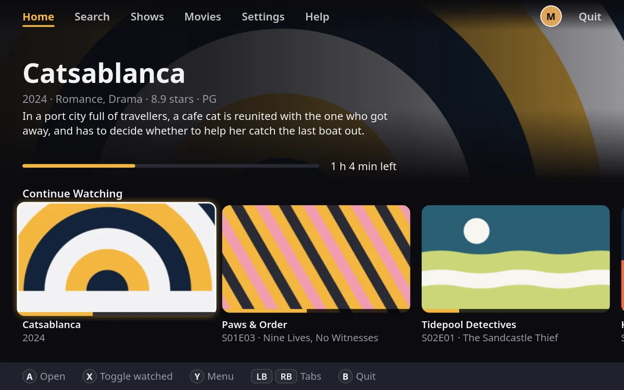 Finch's home screen, with the film you were watching up top and Continue Watching below.