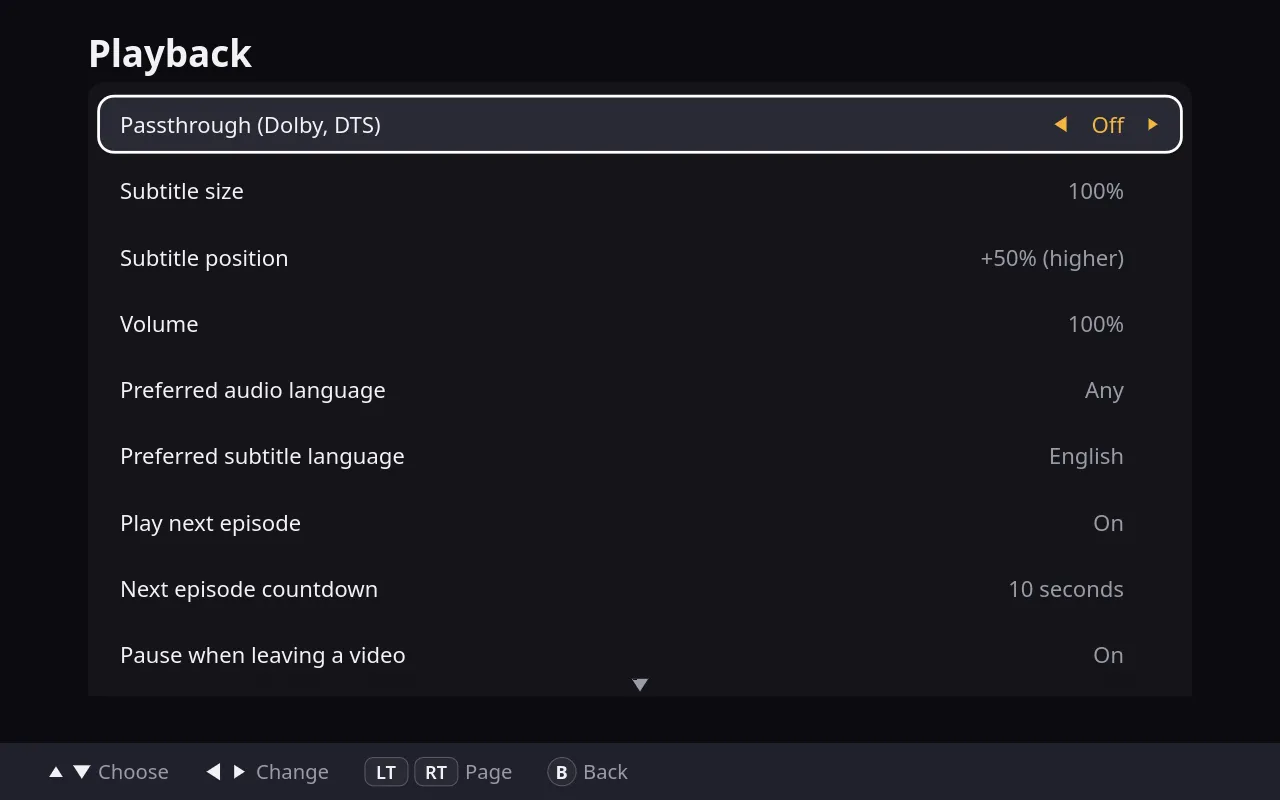 Finch's playback settings, with audio passthrough and subtitle options.